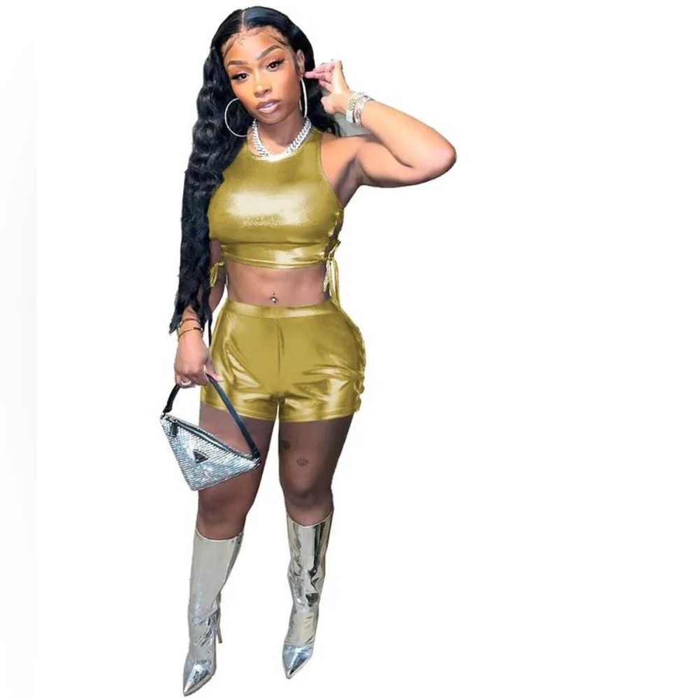 Ladies two piece metallic shorts set with lace up shirt